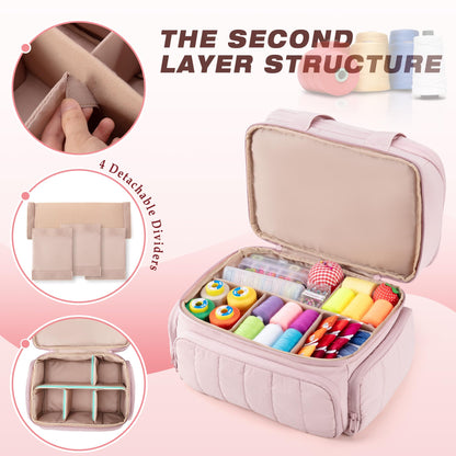 Marscamd Puffer Sewing Organizer Bag, Large Capacity with Multiple Pockets and Detachable Dividers, Storage Box for Threads, Needles, Scissors, Craft Supplies, Pink (Bag ONLY, NO Supplies)