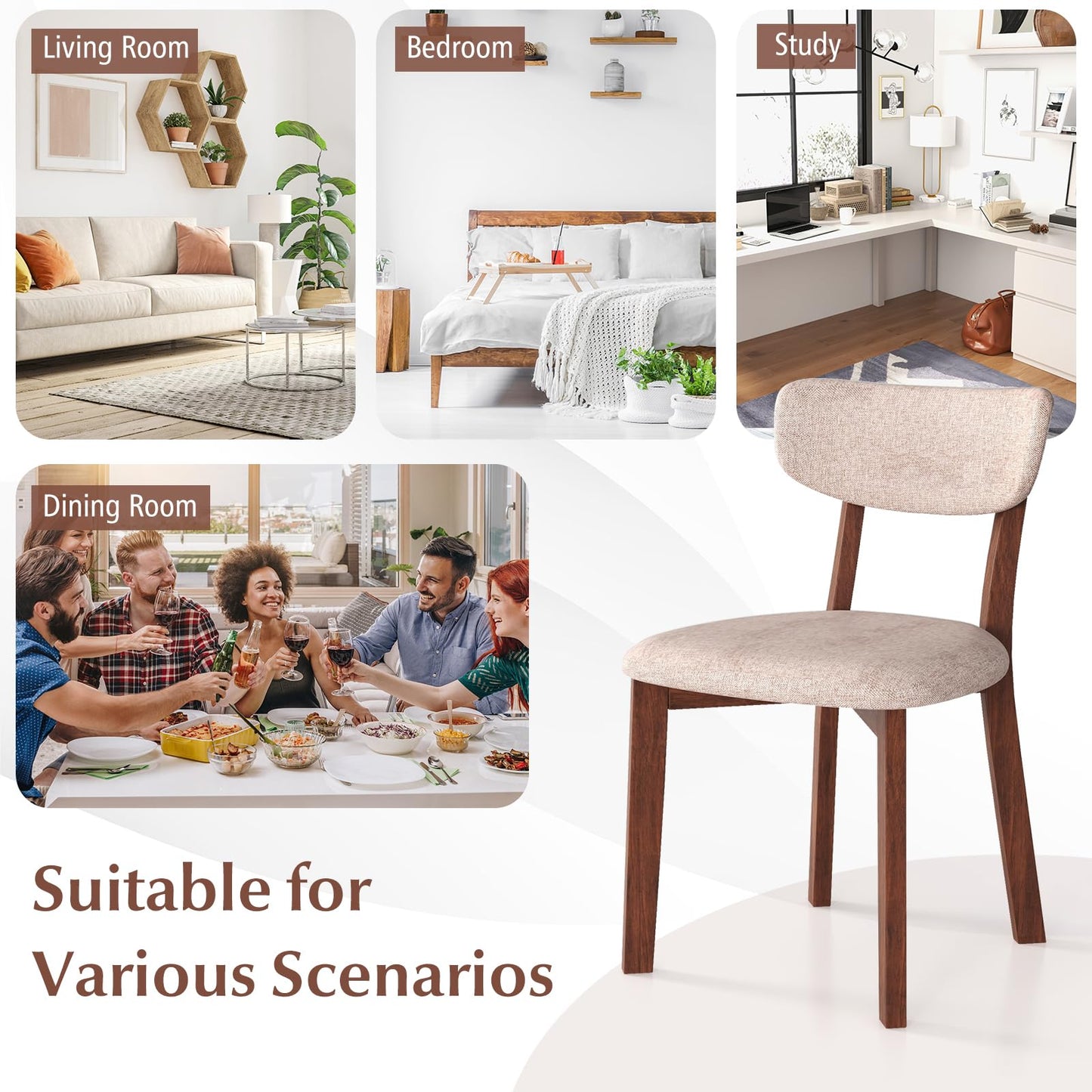 Giantex Wooded Dining Chairs Set of 4, Farmhouse Upholstered Dining Room Chairs w/Rubber Wood Legs, Cushioned Seat, Armless Kitchen Side Chair for Living Room Restaurant, Sandy Beige