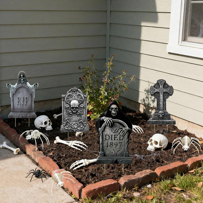 Heyigrow Halloween Death Tombstone Yard Signs, 6 Pcs Spooky Skeleton Skull Outdoor Decoration for Lawn Cemetery Graveyard