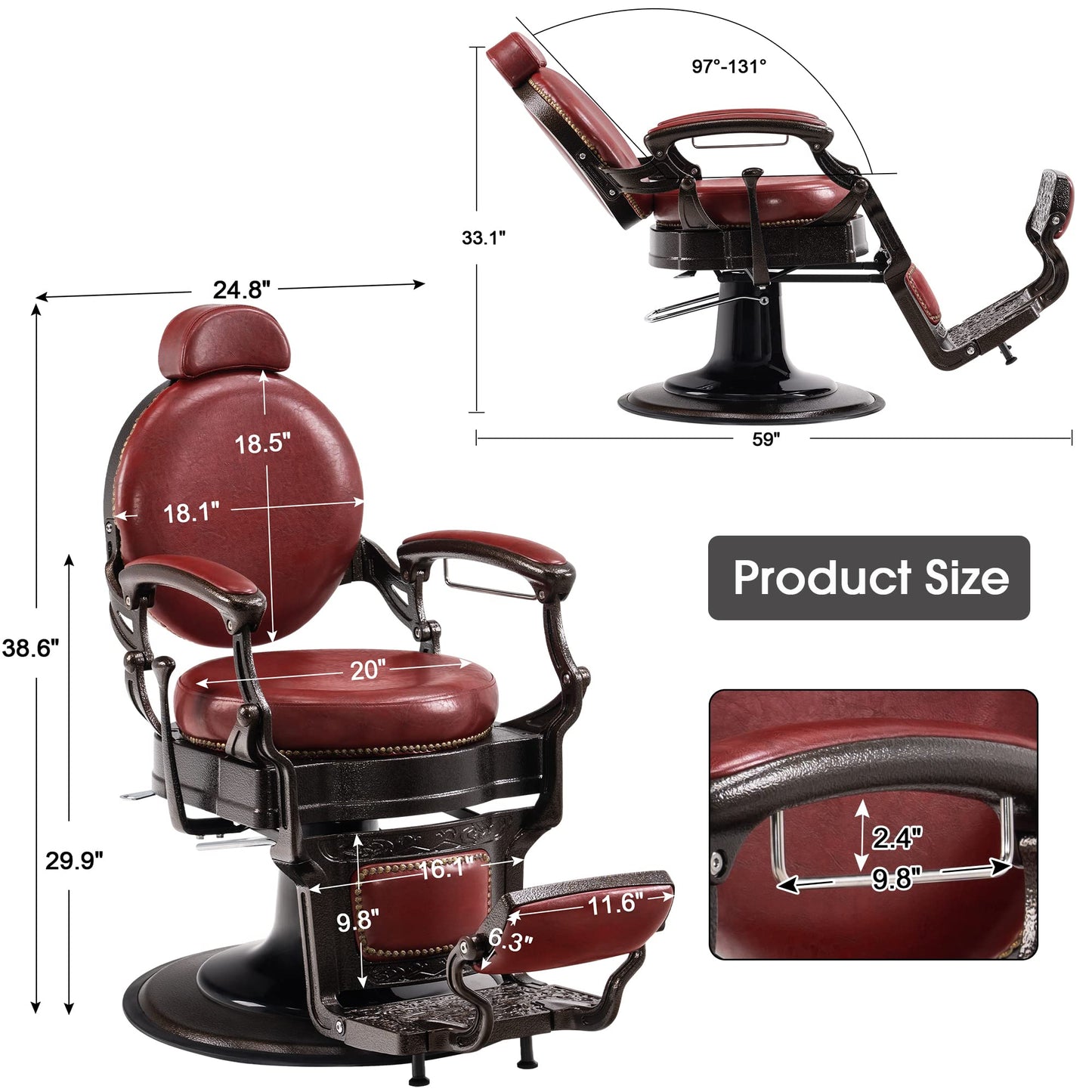 BarberPub Heavy Duty Metal Vintage Barber Chair All Purpose Hydraulic Recline Salon Beauty Spa Chair Styling Equipment 9201 (Red)