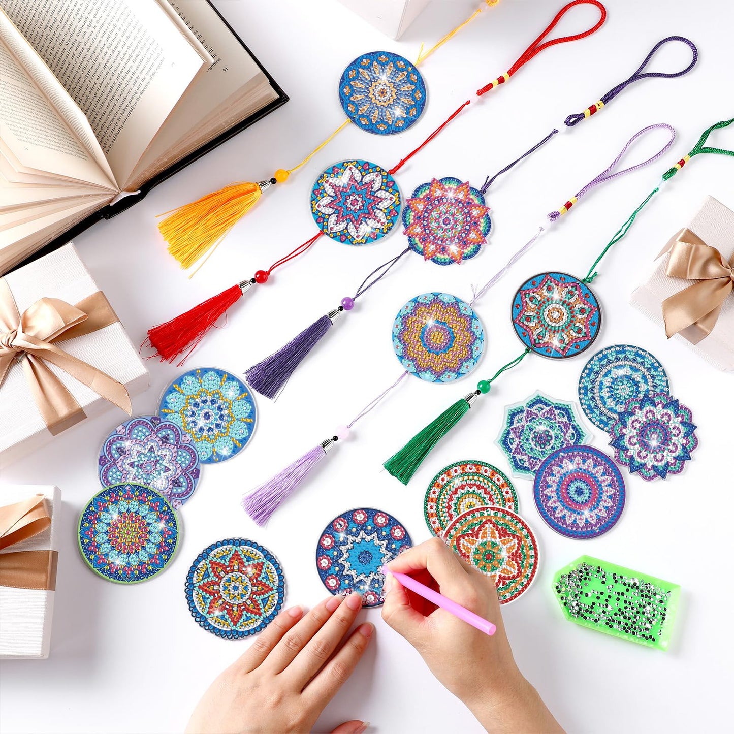 Saillong 16 Pcs Diamond Art Car Ornaments Mandala Diamond Painting Kit Ornament for Car Hanging Suncatchers Charm for Rear View Mirror Double Sided Painting Crystal Gem Garden Decoration Paint DIY Kit