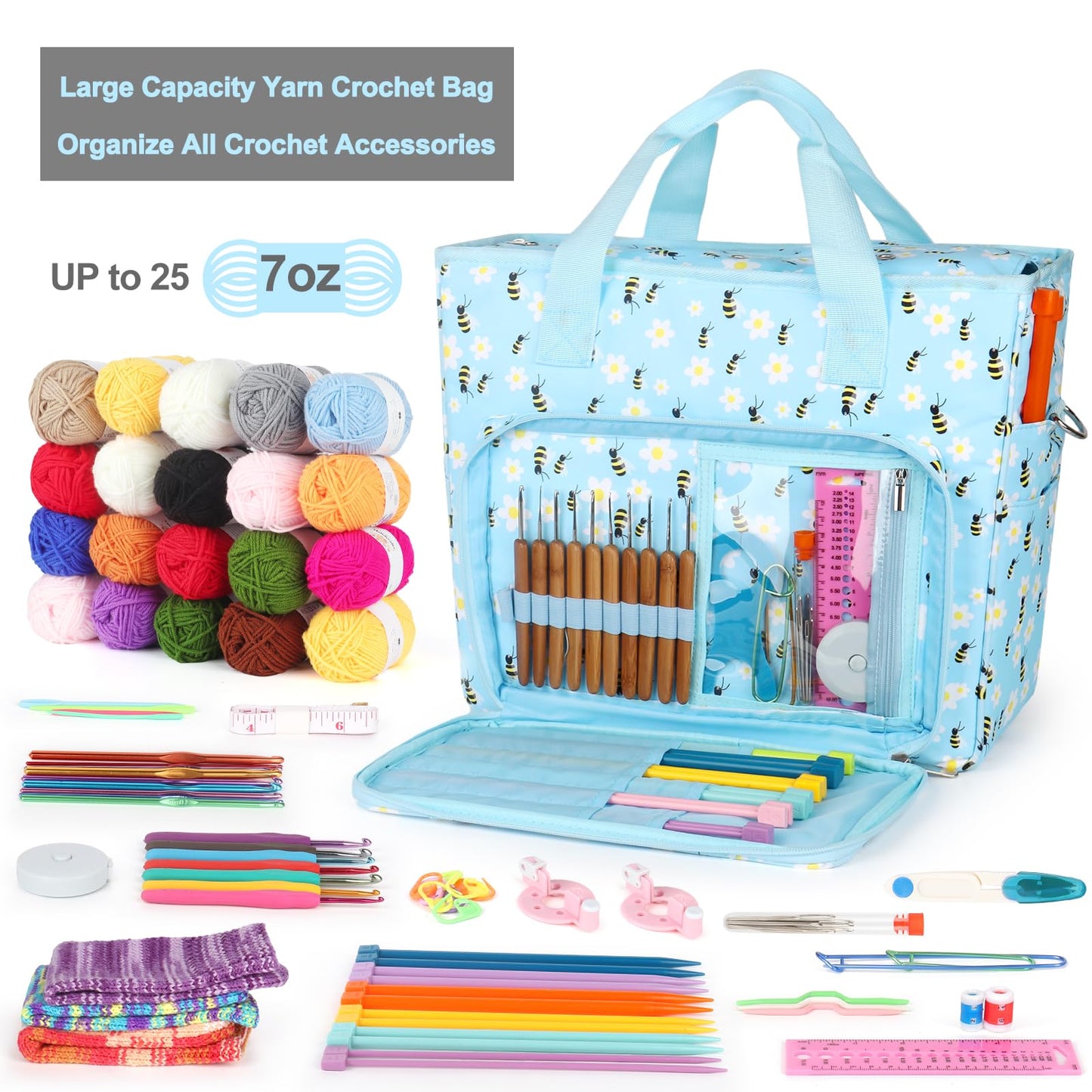 Katech Large Crochet Bag with Beginner Crochet Books, Yarn Storage Organizer Crochet Travel Bag for Crochet Hook, Knitting Accessories, Knitting Bag Crochet Tote Bag for Crochet Lover Gift