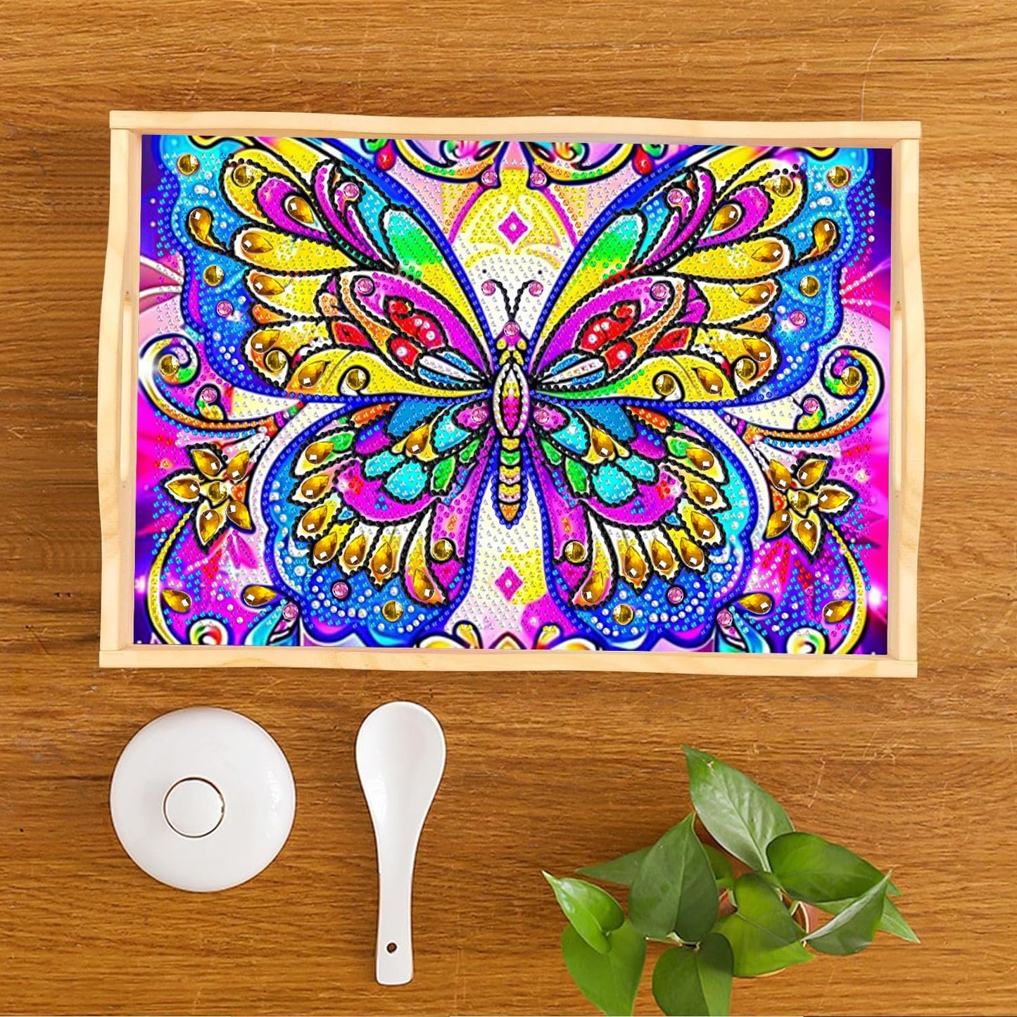 Leatrice Butterfly Diamond Art Kits for Adults Diamond Painting Serving Trays Wood Tray with Handle Big Gem Art DIY Crafts for Beginners Women in Party Kitchen Decor 7.8x11.8 Inches