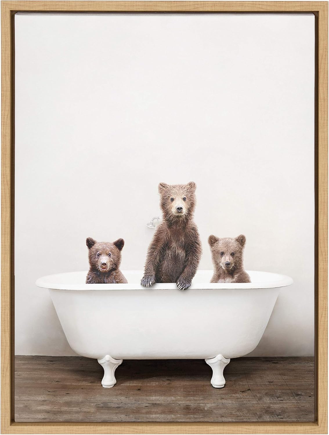 18x24 Kate and Laurel Sylvie Three Little Bears in Vintage Bathtub Framed Canvas Wall Art by Amy Peterson, Natural
