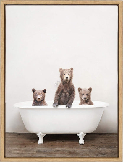 18x24 Kate and Laurel Sylvie Three Little Bears in Vintage Bathtub Framed Canvas Wall Art by Amy Peterson, Natural