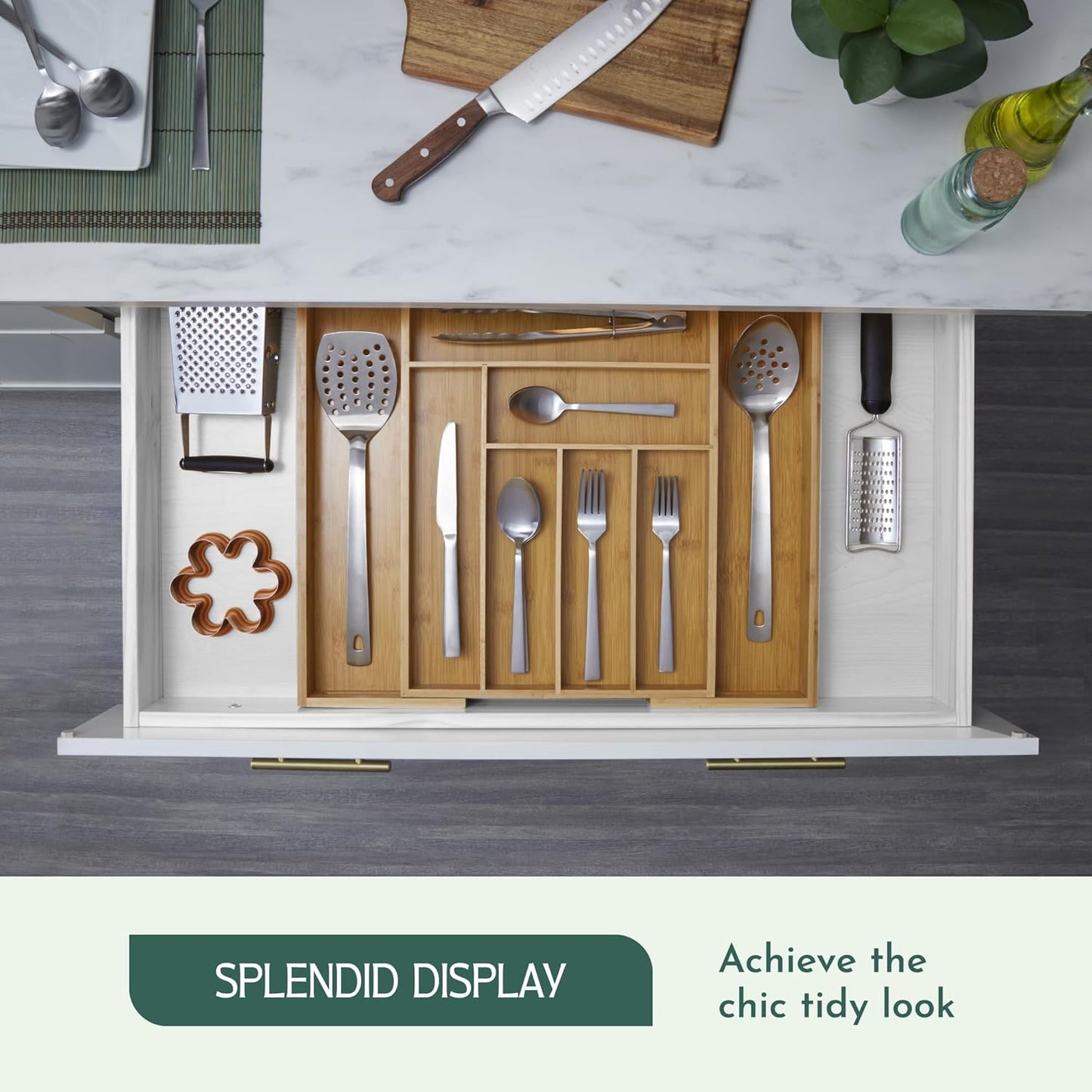 RUBOXA Expandable Bamboo Drawer Organizer, Modern Silverware Tray for Kitchen Utensils, Cutlery, Office Supplies,