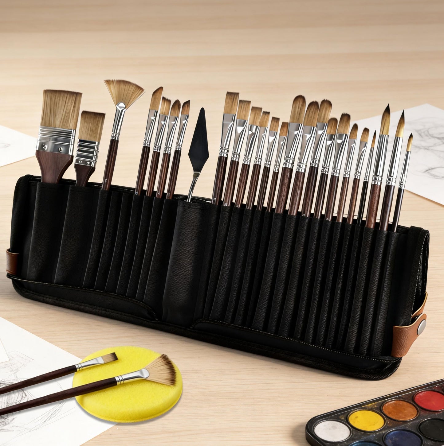 Paint Brush Holder Case for Artists with 27Pcs Paint Brushes,Brush Organizer with Standing Paint Brushes Set with Round Flat Fan Filbert Cat Tongue Dagger Palette Knife Travel Paintbrush Storage Bag