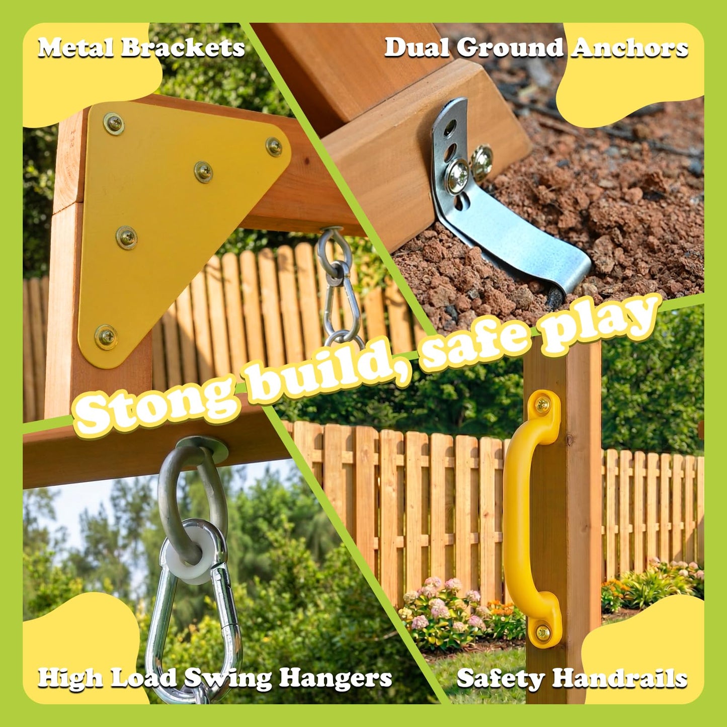 SUNIBOXI Wooden Swing Sets for Backyard, Kids Outdoor Playground Set with Monkey Bars, Slide, Swings, Climbing Ladder, Rock Wall, Picnic Table with Canopy for Ages 3-10