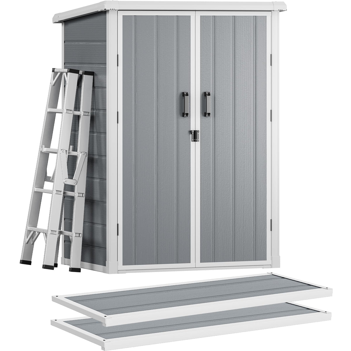 DWVO Outdoor Tall Storage Shed 60 Cuft with 2 Shelves, 5X3FT Vertical Tool Shed with Floor & Lockable Doors, Sturdy Double-Wall Plastic Cabinet for Garbage Cans and Garden Storage