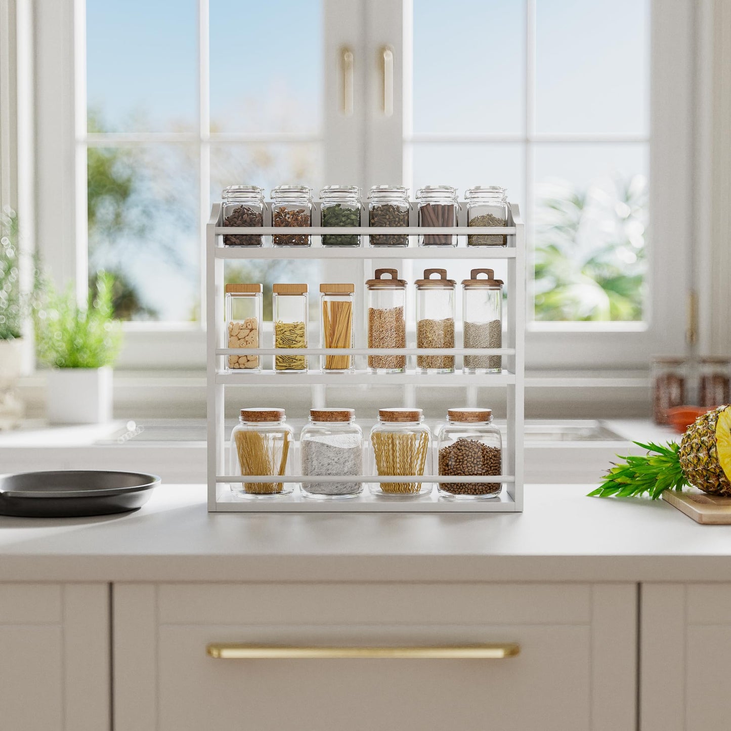STELLSTAR Spice Rack Wall Mounted, Freestanding Spice Organizer for Countertop, Bamboo Spice Storage Holder, for Kitchen Cupboard, Pantry, Bathroom (White)