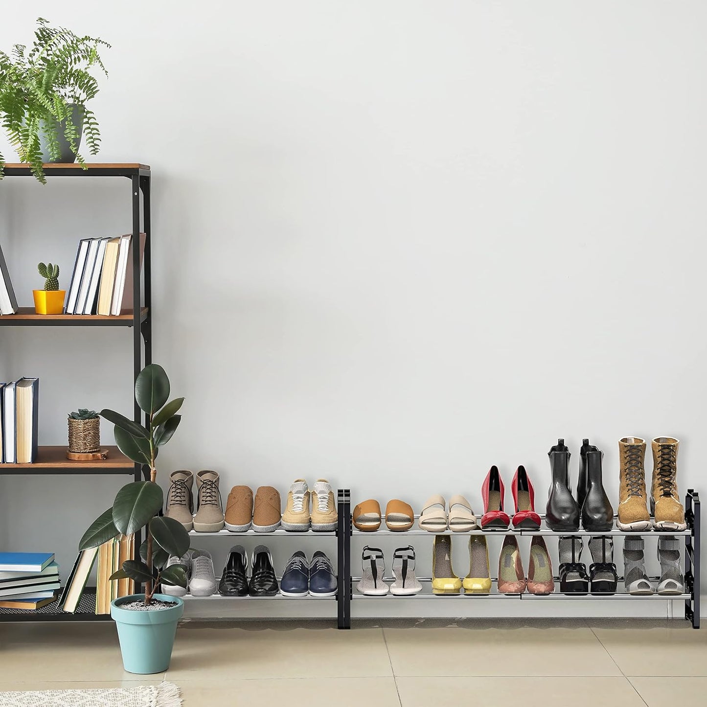 2-Tier (18''-34'') 8 Simple Houseware Expandable and Stackable Shoe Racks with Shelves for Pairs of Shoes, Black