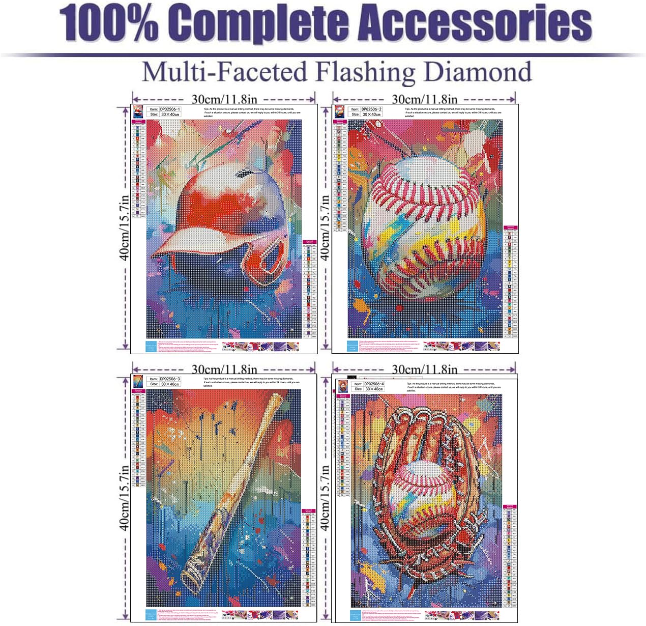 Diamond Art Kits for Adults Beginner,4 pack Baseball Retro Graffiti DIY Modern Diamond Painting Kits 5D Diamond Dots Gem Art Crafts with Tools,Round Full Drill Crafts for Home Wall Decor&Gift-12x16in