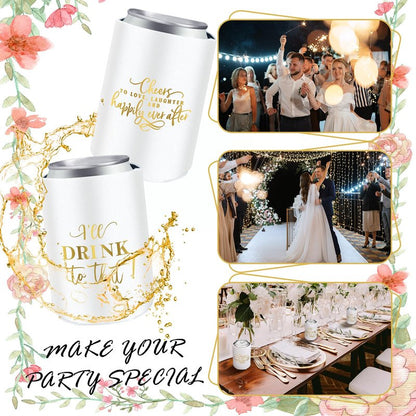 SiliFine 101 Pcs Wedding Can Cooler Bulk Engagement Party Favors for 100 Guests Cheers to Love Laughter, and I'll Drink Can Cooler with 1 Pcs Wooden Wedding Table Sign Bridal Shower Favor(White)