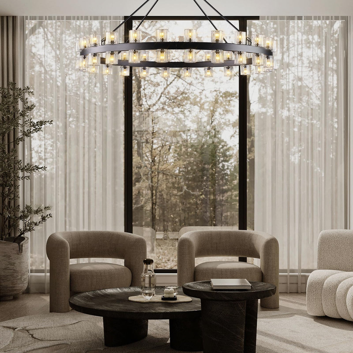 Plsintly 48 Inch Black Wagon Wheel Chandelier with Crystal Shade, Crystal Chandelier, Modern Farmhouse Style, Ideal for Dining Room, Kitchen, Entryways,48 Lights (Bulbs Included)