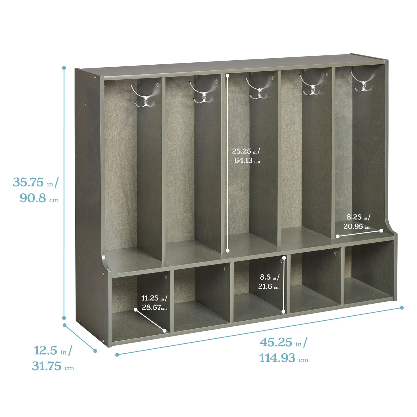 ECR4Kids Streamline 5-Section Coat Locker with Bench and Scoop Front Storage Bins, Toddler Size, Grey Wash, Classroom Furniture, Blue
