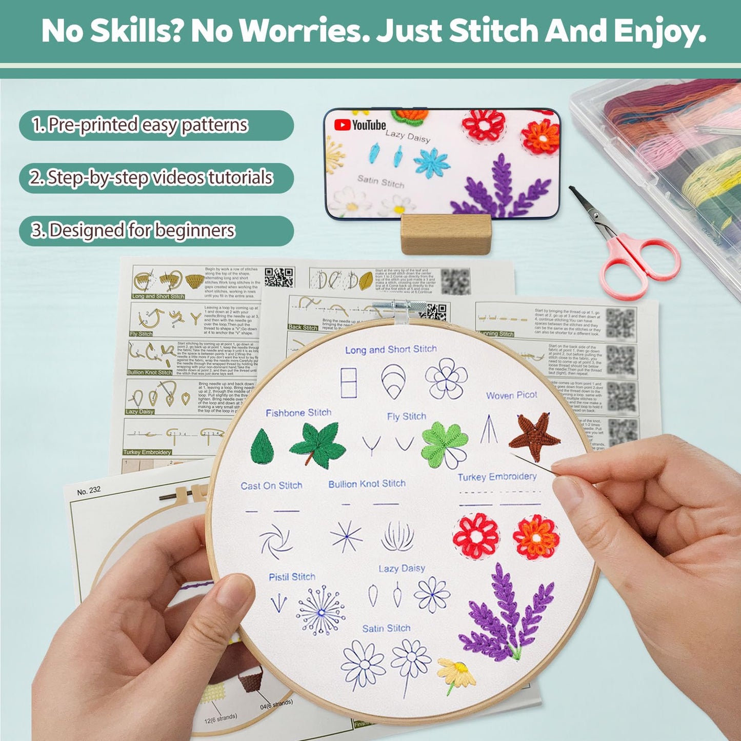 CLRDIVA First Embroidery Kit for Beginners: Pre-Printed Needlepoint Starter Kits with Complete Tools & Step-By-Step Videos Guide - Zero Stress to Learn 31 Stitches - Adults Relaxing DIY Craft Hobby