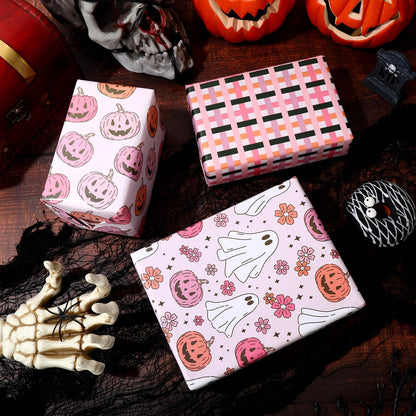 12 Sheets Halloween Wrapping Paper - Not Roll - Pink White Ghost Pumpkin Gift Wrap Paper Folded Flat Cute Art Paper for DIY Crafts, 19.7 x 27.6 Inch