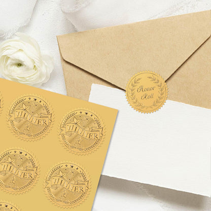 CRASPIRE 408pcs 2 Inch Winner Gold Foil Stickers Word Star Gold Embossed Gold Certificate Seals Self Adhesive Waterproof Round Dot Medal Decoration Label for Gift Packaging Envelope Card Seal