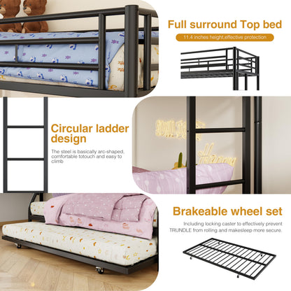 Nuturelly Metal Bunk Bed Twin Over Full with Trundle, Heavy Duty Steel Frame Bunk Bed Frame with Safety Guardrails & Ladder, Space Saving 3 Beds for Kids, Teens, Dorm, Black