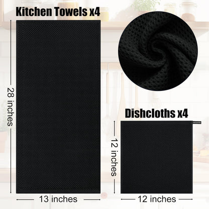 Kitinjoy 100% Cotton Kitchen Towels and Dishcloths Set, 8 Pack-13" x 28" and 12" x 12" Waffle Weave Dish Towels, Ultra Soft Absorbent Quick Drying Dish Rags, Black