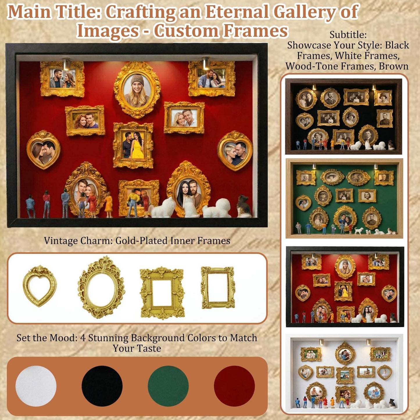 All-in-One DIY Shadow Box Kit,Mini Gold Frames with Museum of Figurines | LED-Illuminated Silhouette Box Memory Collage | Anniversary/Wedding Eco-Friendly Decor Gift (B Style)