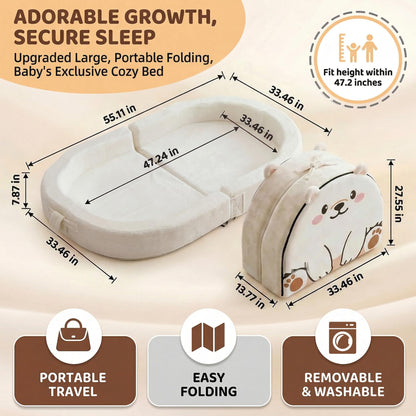 Portable Toddler Bed BUMNANA Folding Toddlers Floor Beds for Kids Foldable Soft Foam Travel Bed for Baby, Washable Cover Toddler Cot with Safety Rail for Travel, Home/Travel (Polar Bear)