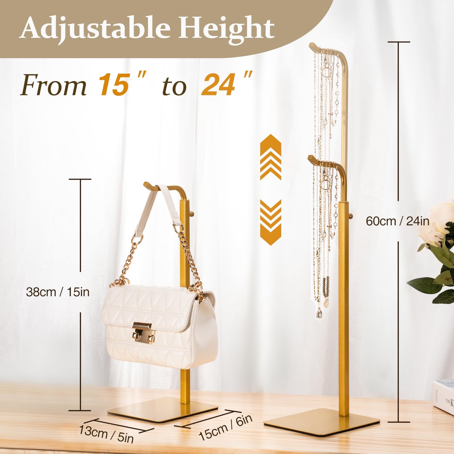 Josmimic 3 Pack Purse Holder Handbag Display Stand: Gold Hanger Rack for Bags, Purses, and Wreath, Adjustable Hook Stand for Tabletop, Closet, and Retail Use for Vendors