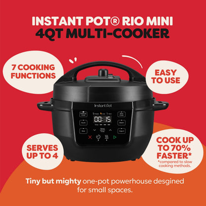 Instant Pot 4QT RIO Mini 7-in-1 Multi-Cooker, Pressure Cooker, Slow cook, Sauté, Steam, Rice Maker, Yogurt, & Warmer, Black, 4 Quarts