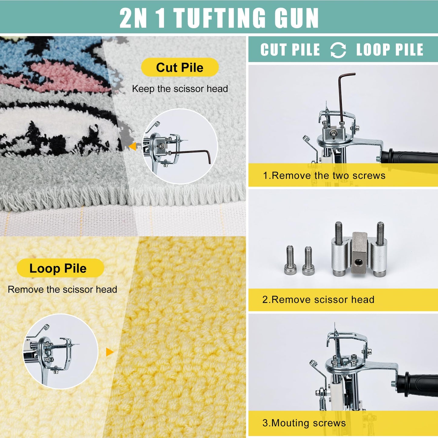 zowwfast Rug Tufting Gun Starter Kit with Carpet Trimmer, 2 in 1 Cut Pile Loop Pile Rug Tufting Kit, Non-Slip Grip Carpet Tufting Gun Kit with Digital Screen Controls Speed, Rug Maker Machine& Cloth