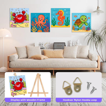 4 Pack Paint by Numbers Kit for Kids with Frame - Animals Paint by Number for Kids, Marine Animals Kid Painting by Number Kits Age 5-8, DIY Acrylic Oil Painting Kits for Home Wall Decor (8X8inch)