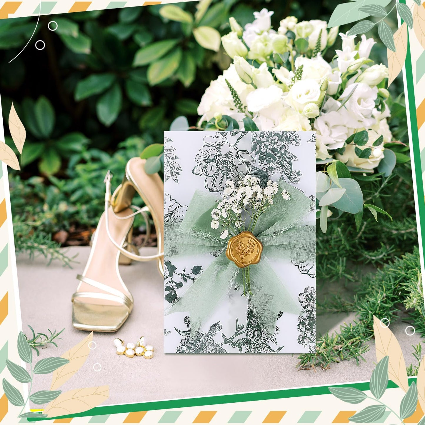 FeilxStella 100 Sets Wedding Invitations Kit with Pre-Folded Vellum Jackets for 5x7 Cards, Sage Green Chiffon Ribbon, Gold Wax Seal Stickers, Dried Pressed Flowers, DIY Wedding Invitation Supplies