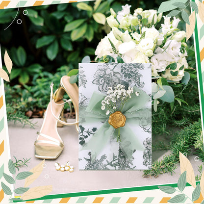 FeilxStella 100 Sets Wedding Invitations Kit with Pre-Folded Vellum Jackets for 5x7 Cards, Sage Green Chiffon Ribbon, Gold Wax Seal Stickers, Dried Pressed Flowers, DIY Wedding Invitation Supplies