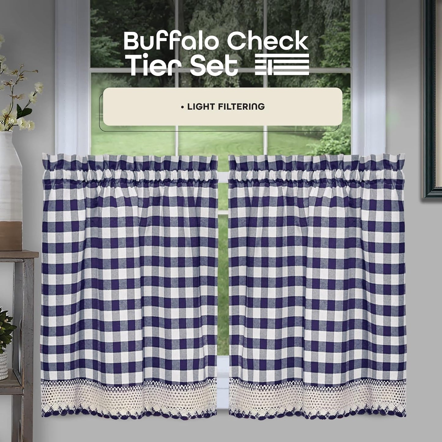 Buffalo Check Tier Pair Window Curtain Set, 58 Inch Width, 24 Inch Length, Navy & Ivory Plaid Drapes