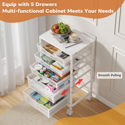 Sbanmao Rolling Storage Cart with 5 Drawers, Metal Utility Cart with Lockable Wheels, Craft Storage Art Cart, Rolling Drawer Cart for Living Room, Bedroom, Bathroom, Office, Home, White