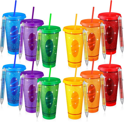 12 Set 24oz Skylety Teacher Appreciation Gift Bulk Include Reusable Pencil Plastic Coffee Cup with Lid Straw Graduation