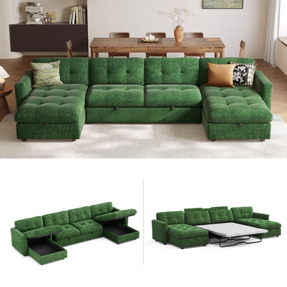 LINSY HOME U-Shaped Sleeper Sofa with Storage, Green Corduroy, 152.5 x 65 x 34.5 Inches, 4-Seater Convertible Couch with Pull-Out Bed