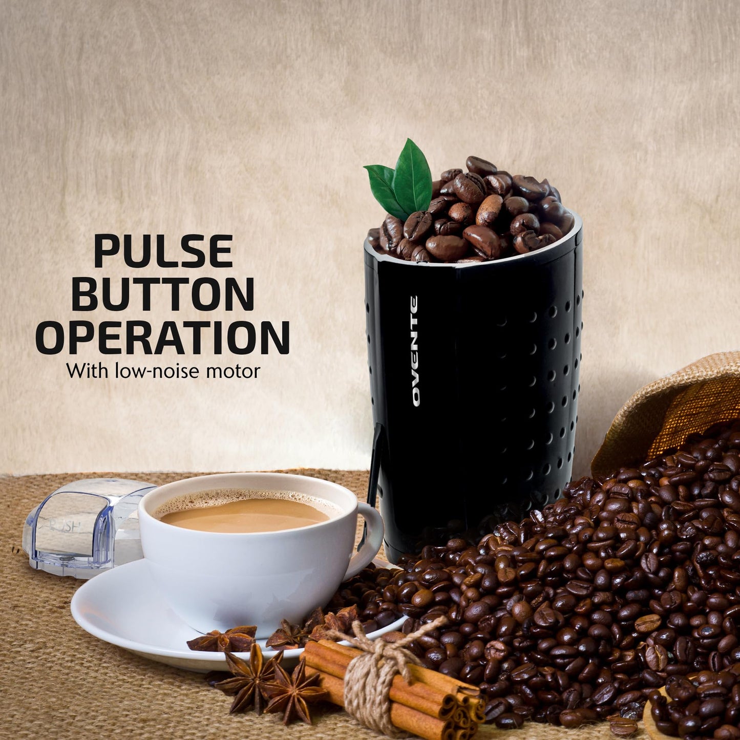 OVENTE Electric Coffee Grinder, Coffee Mill and Spice Grinder with 2.5oz Capacity, 150W Motor, One Touch Push-Button & Stainless Steel Blades for Uniform Grinding of Beans, Herb or Nuts, Black CG225B