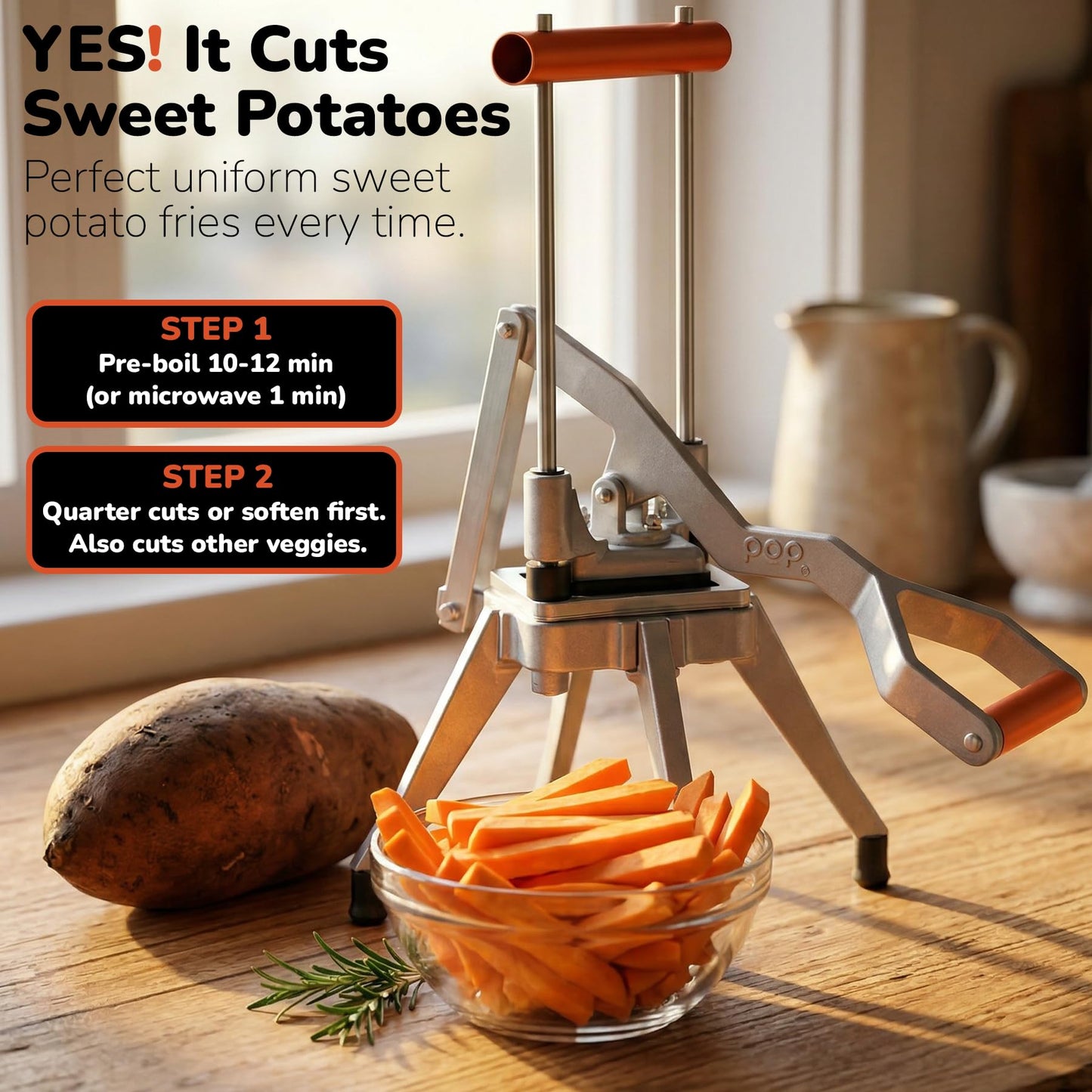 Commercial Grade French Fry Cutter, Sweet Potato & Yam Capable, Removable Legs and Case for Compact Storage, 3 Blade Sizes (1/4"- 3/8"- 6-Wedge), Potato, Fruit and Vegetable Slicer & Dicer by POP