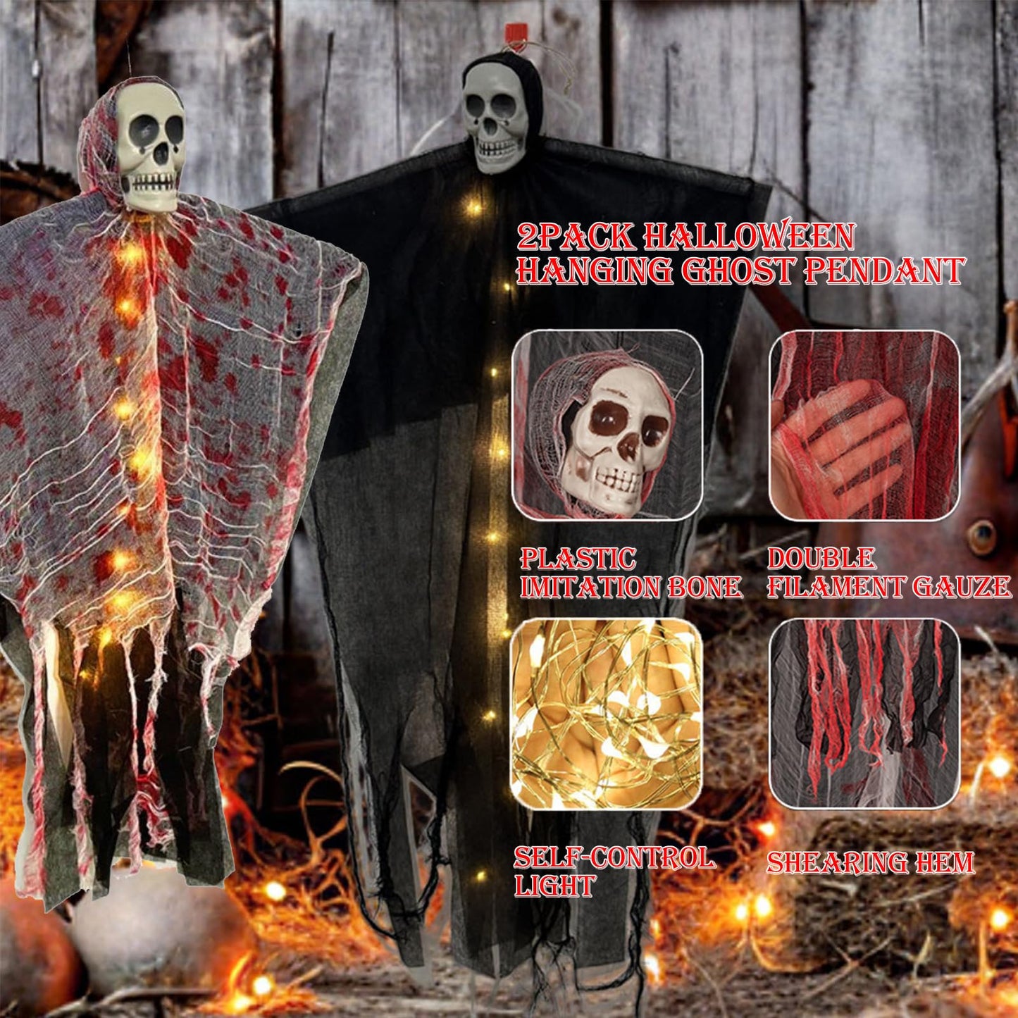 36" Halloween Hanging Ghost Decorations Outdoor, 2Pack Halloween Scary Flying Skeleton Ghost Decor for Haunted House Party Outside Indoor
