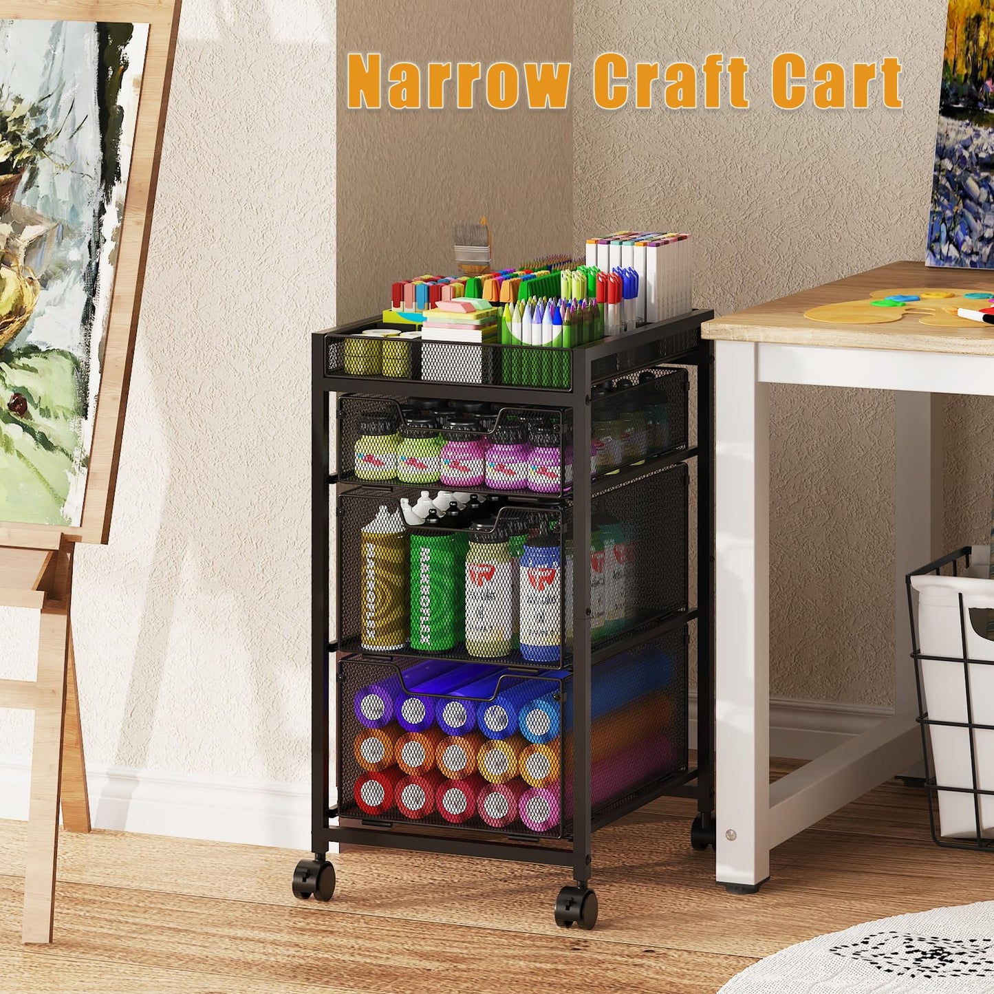 Rolling Utility Cart with 3 Drawers, Craft Organizer and Storage with DIY Divider, Lockable Wheels, Multi-Functional Storage for Art Supplies, Store for Brushes & Paints & Small Parts(Patent Pending)