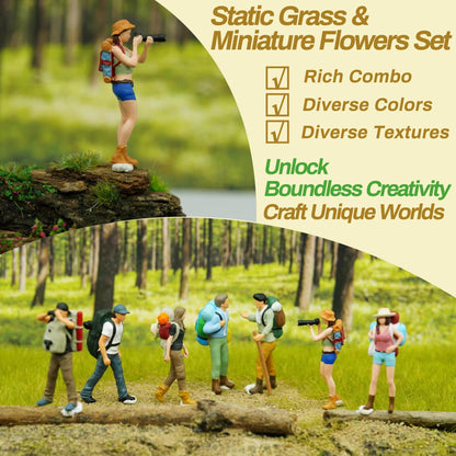 Potanro 126pcs Static Grass Tufts and Miniature Flowers Cluster for Crafts,Diorama Grass Base Supplies,Model Grass Scene Accessories for Train Railroad Scenery Sand Military Terrain Model