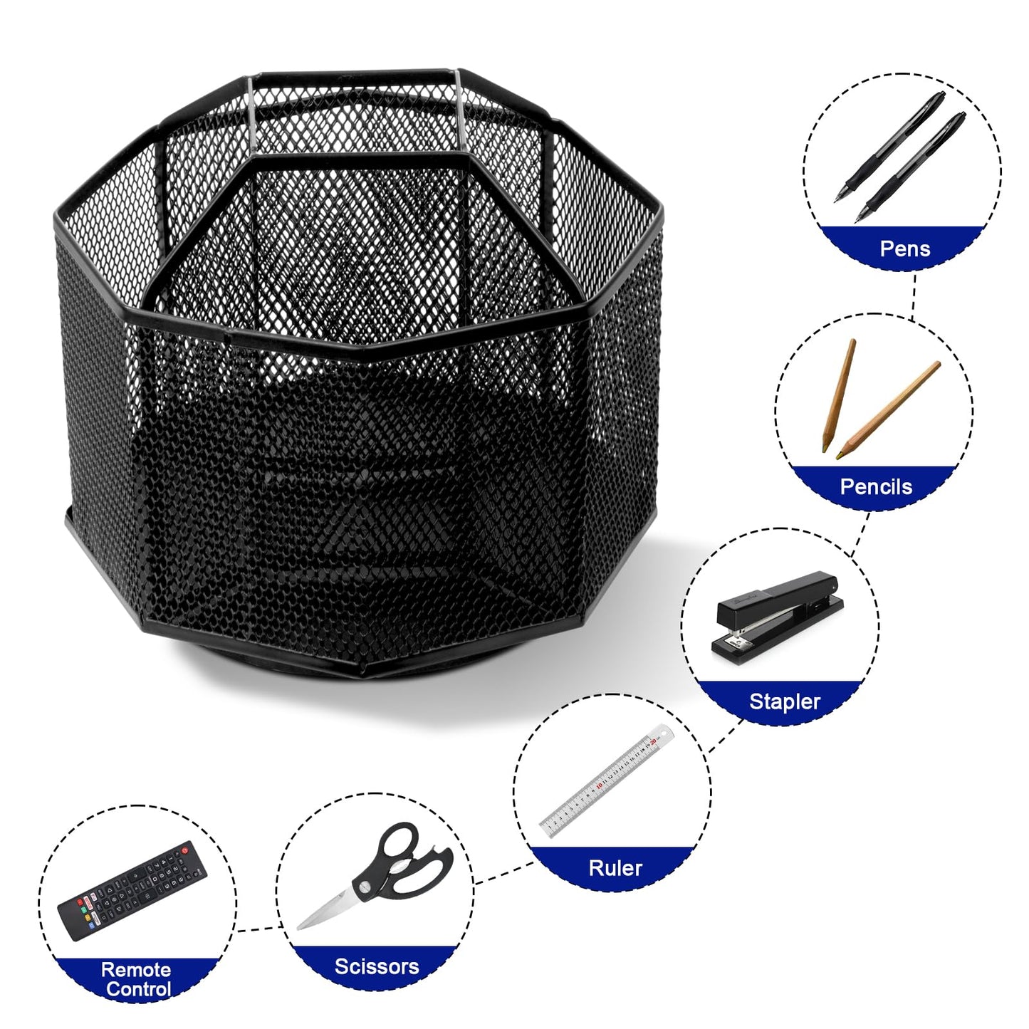 Comix 360° Rotating Pen Holder for Desk, 5 Compartments Office Desk Organizer, Black Mesh Metal Pencil Holder Cup for Office Home School