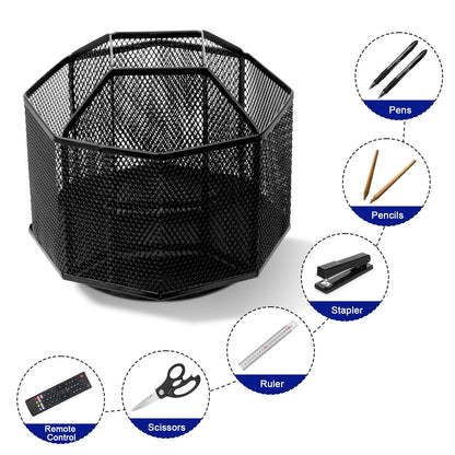 Comix 360° Rotating Pen Holder for Desk, 5 Compartments Office Desk Organizer, Black Mesh Metal Pencil Holder Cup for Office Home School