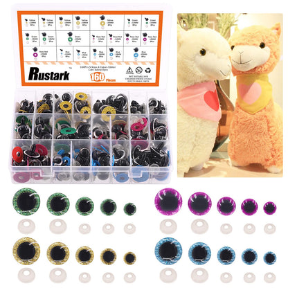 Rustark 160 Sets Glitter Plastic Safety Eyes Stuffed Crochet Eyes Craft Doll Eyes Kit with Washers for DIY Crafts Projects 12 14 16 18 20mm Yellow Green Light Purple Blue