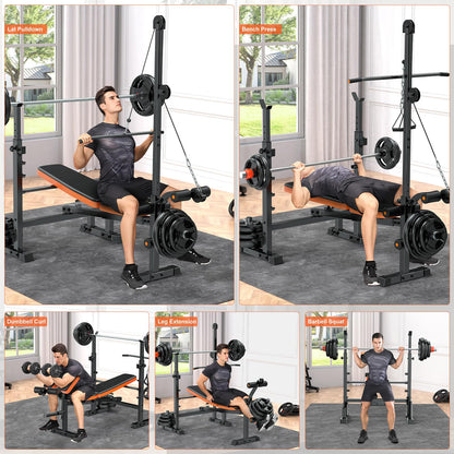 Fostoy 8-in-1 Adjustable Olympic Weight Bench with Lat Pulldown, Row, Squat Rack & Leg Curl – MultiFunction Strength Training Bench Press for Adjustable Seat for Home Gym(8in1 Olympic Weight Bench)