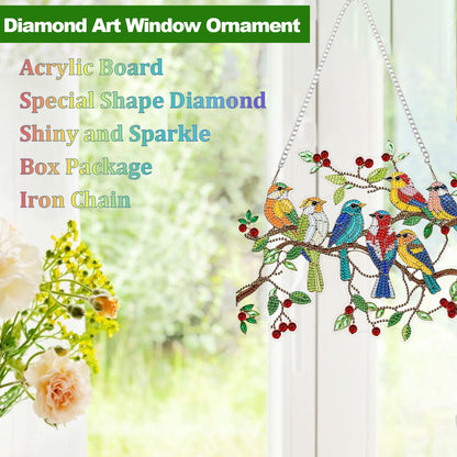 CEOVR Spring Birds Hanging Diamond Art for Adults, Birds on Branch Diamond Painting Pendant DIY Gem Art Wall Hanging Ornament, Acrylic Home Garden Decor with Chain, Box Kit 9.63 * 8.17inch