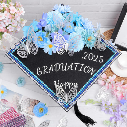 Kicpot Blue Graduation Cap Decorations Kit DIY Grad Cap Topper with Artificial Flower 3D Butterfly Rhinestones Alphabet Letter Number Stickers for 2025 Graduation Party Decorations Supplies (Blue)