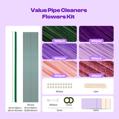 Caydo 700PCS Pipe Cleaner Flower Kit, Purple Craft Chenille Stems Bulk with Floral Wires, Ribbons, Tapes, Stamens, Glue Sticks for Making Pipe Cleaner Bouquets