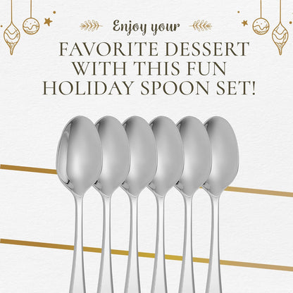 Spode Christmas Tree Cocktail Spoons | Christmas Dessert Spoons | Flatware Set for 6 | 18/10 Stainless Steel Utensil