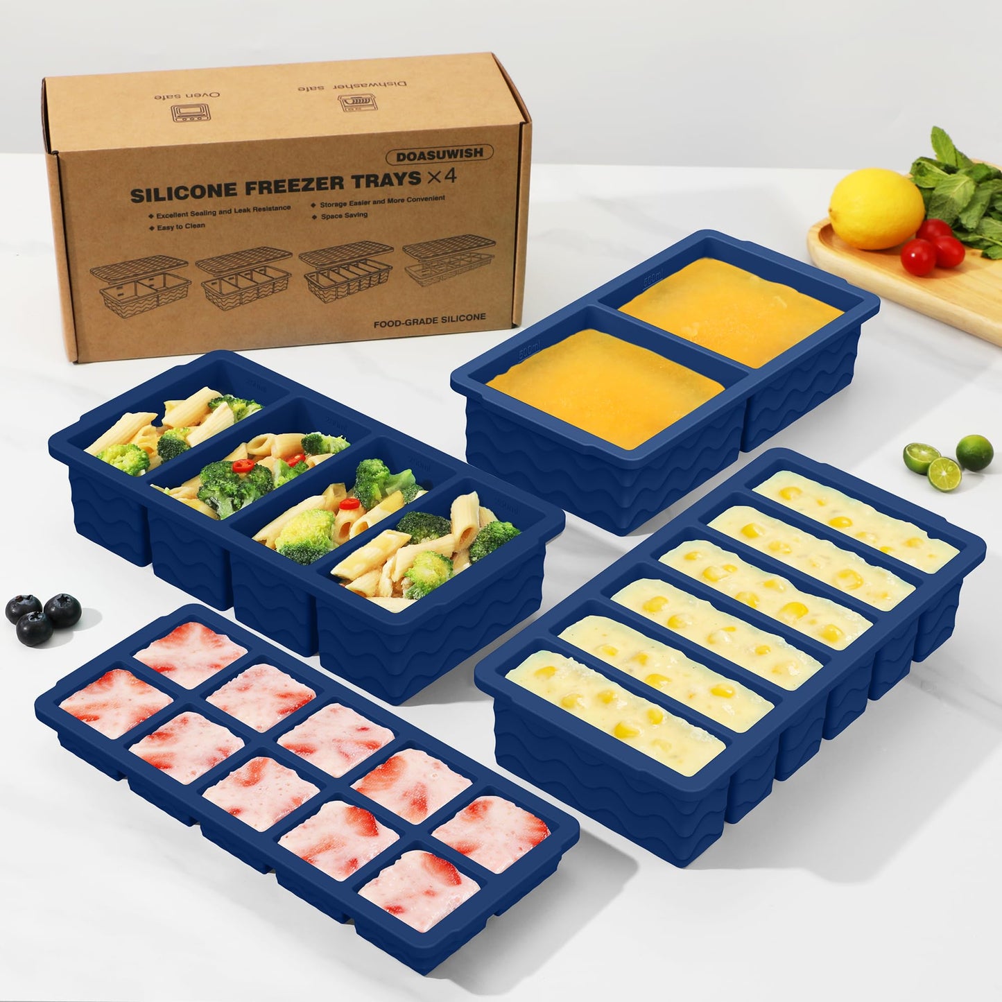 Silicone Freezer Trays with Lid (4-Pack), 1-Cup, 2-Cup, 1/2-Cup & 2-Tbsp Silicone Freezer Molds, Stackable Soup Freezer Meal Prep Containers,Ice Cube Tray for Making Sauce,Smoothies,Yogurt Bites